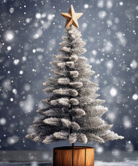 A rustic wooden Christmas tree stands elegantly against a frosty silver background, evoking a cozy holiday spirit.