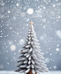 A rustic wooden Christmas tree stands elegantly against a frosty silver background, evoking a cozy holiday spirit.