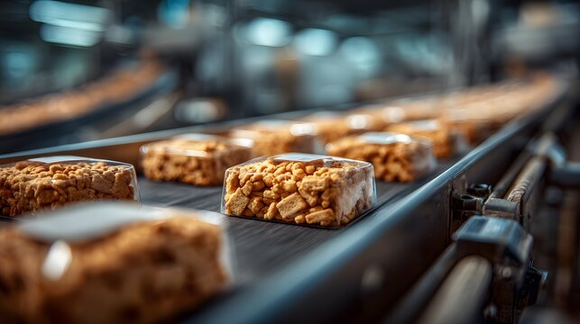 Food production line with rows of packaged savory crackers on a conveyor belt. The packages have blank white labels in an efficient factory setting.