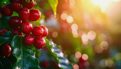A cluster of ripe, red coffee cherries hangs from a branch, illuminated by a warm sun flare creating a bokeh effect in the background.