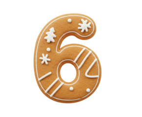 Gingerbread cookie shaped like number six isolated on white background