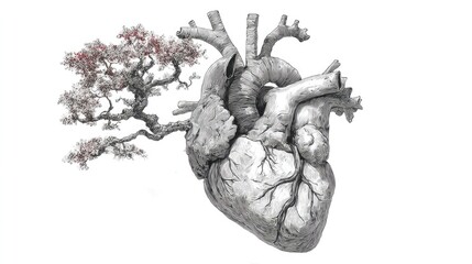 A delicate sketch of a human heart that transforms into a blooming tree, veins blending into roots. It represents life, connection, and resilience. Intricate hand-drawn detail on white background.