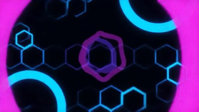 Abstract Hexagonal Network Pattern with Neon Blue Circles and Purple Center
