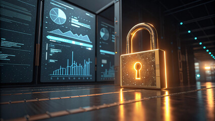 Golden padlock in front of data servers displaying charts and graphs in a dark server room setting