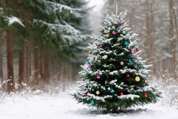 Obraz premium Snow-covered Christmas tree adorned with colorful ornaments in forest
