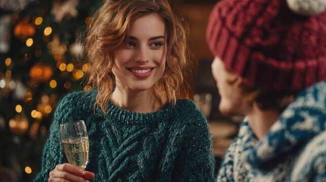Happy woman smiling and toasting with champagne during a festive holiday celebration