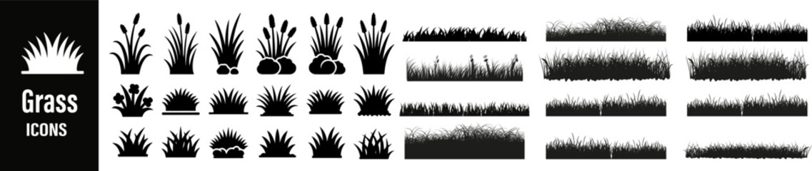 Grass black bold line icon set featuring clean, minimalistic outlines of grass, leaves, and nature-inspired elements.  gardening, landscape, and nature-themed vector designs or illustrations.