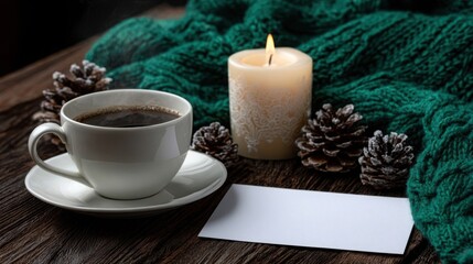 Cozy winter coffee setting with a lit candle, green knit blanket, and frosted pinecones on a rustic wooden table, with a blank card