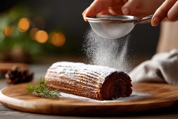 Person dusting powdered sugar over a Yule log cake on a wooden board