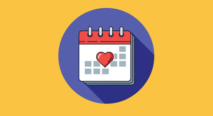 A flat design illustration of a calendar with a red heart marking a special date, set against a blue circle on a vibrant yellow background.