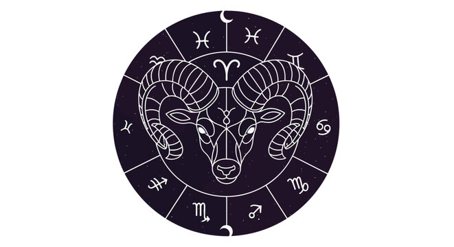 Geometric line art of the Aries ram zodiac sign centered in a cosmic wheel with twelve astrological symbols against a starry sky, symbolizing spirituality. - Powered by Adobe