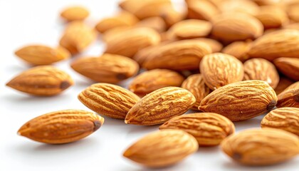 Close up macro texture photo of toasted almonds on a white background with natural brown and tan colors and detailed lines on shells