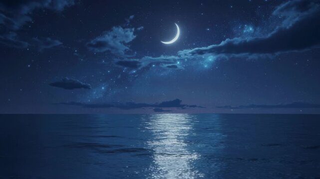 Serene Crescent Moon Over Calm Ocean Under Starry Night Sky with Wispy Clouds Reflecting Moonlight 4K Ai HD video.	
