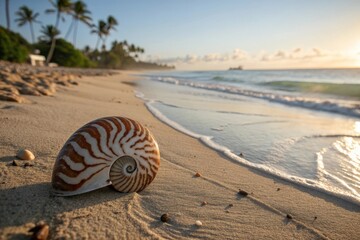 A seashell on the sandy beach near the ocean