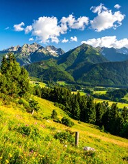 Scenic mountainous landscape featuring greenery and vibrant skies