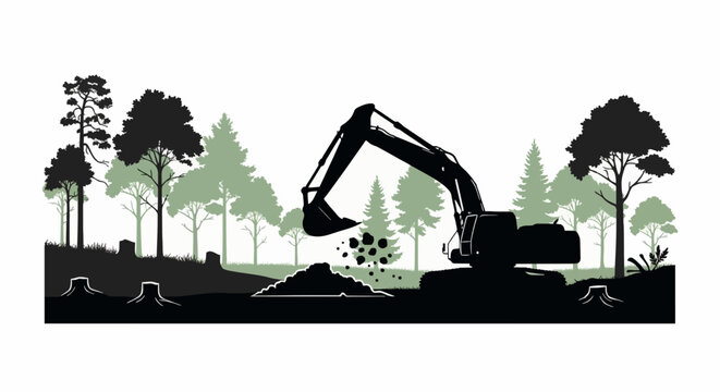 Excavator land clearing vector in a forest environment.
