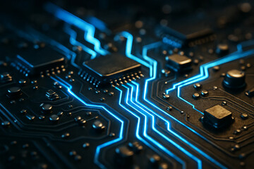 Future Technology – Silver Circuit Board with Blue Light Flow