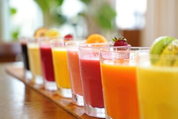 Fototapeta premium Colorful assortment of fresh fruit smoothies displayed in clear glasses