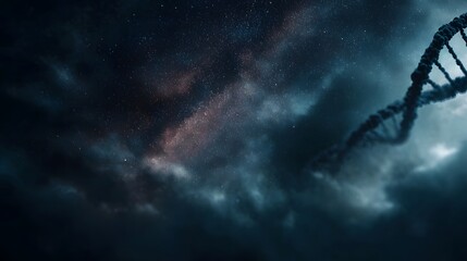A glowing DNA double helix spirals through a dark cloudy starry cosmic background symbolizing life and science