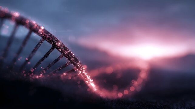 Futuristic glowing DNA helix structure against a dramatic atmospheric background with bright light