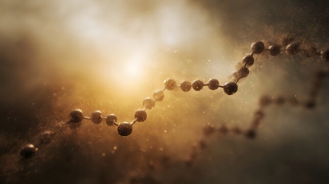 A luminous molecular chain structure glows with golden light surrounded by ethereal particles and mist evoking scientific discovery