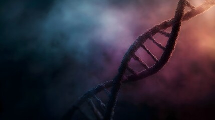 Abstract visualization of a DNA double helix illuminated amidst a smoky atmospheric background with vibrant moody lighting