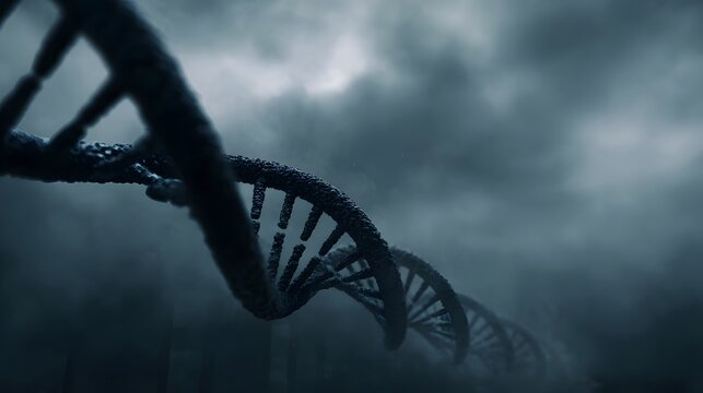 Abstract 3D DNA double helix molecule swirling through a dark misty and atmospheric background