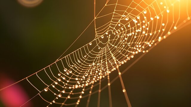 ethicist. Morning dew glistening on a delicate spiderweb in golden light. wildlife magazines, conservation campaigns, designed for nature documentaries and education, used by devops engineers.