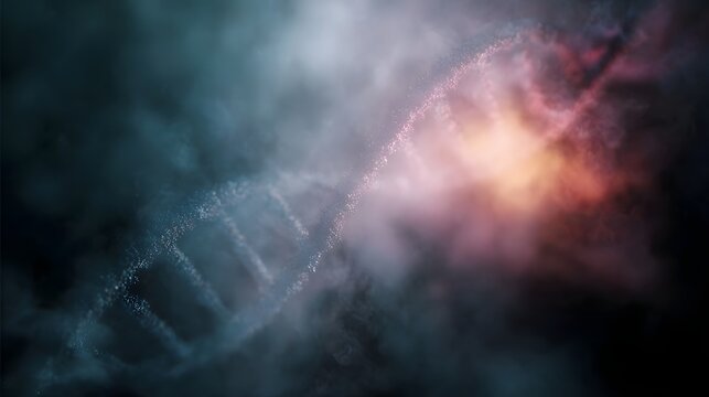 A glowing abstract DNA helix molecule illuminated by ethereal light amidst mist and smoke symbolizing genetics and scientific discovery