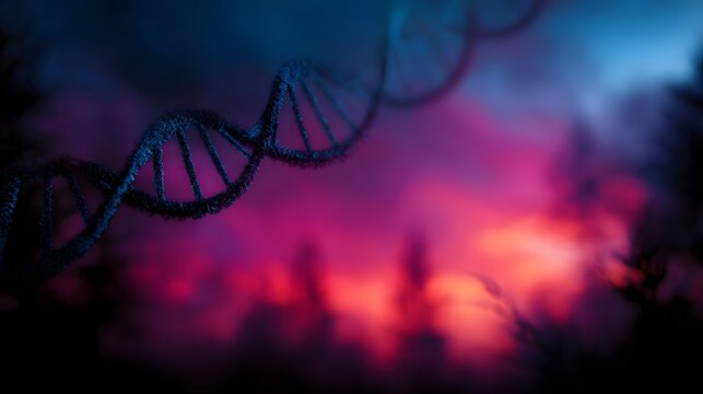 A glowing DNA double helix structure against a vibrant atmospheric twilight background