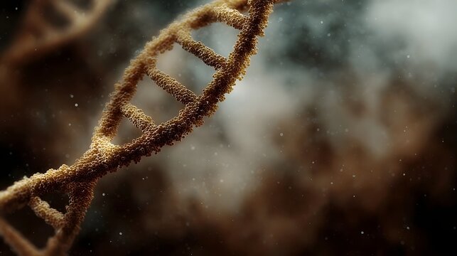 A detailed DNA double helix structure with a textured golden appearance in soft light symbolizing genetics and life science