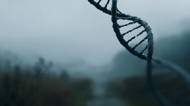 A textured DNA double helix emerges from a misty atmospheric landscape representing science and life s blueprint