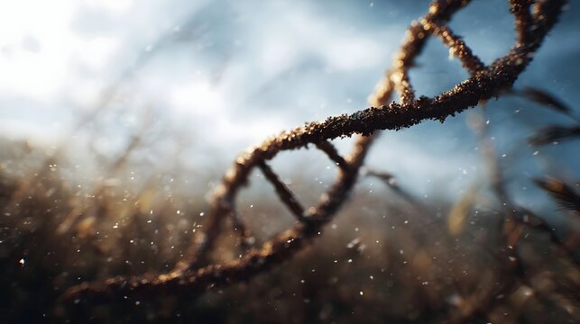 A textured rustic DNA double helix glowing in golden light with a blurred natural background and floating particles