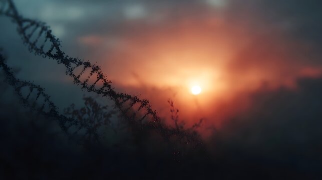 Abstract DNA helix structure glows against a hazy sunset sky at dusk