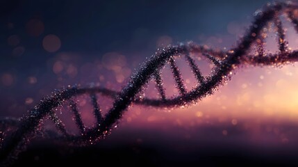 Abstract 3D render of a DNA double helix symbolizing genetic science and life with shimmering particles and a vibrant bokeh background