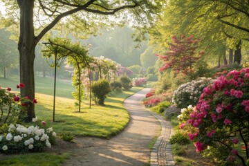 A winding garden path with blooming flowers in bright daylight