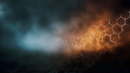 A futuristic molecular structure with glowing hexagonal patterns emerges from a dark foggy atmosphere transitioning from cool blue to warm golden
