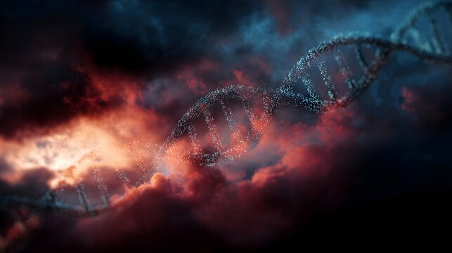 A glowing DNA double helix structure emerges from dramatic fiery clouds at dawn symbolizing scientific discovery and life s complexity - Powered by Adobe