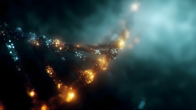 Abstract glowing DNA helix composed of luminous particles against a dark misty background