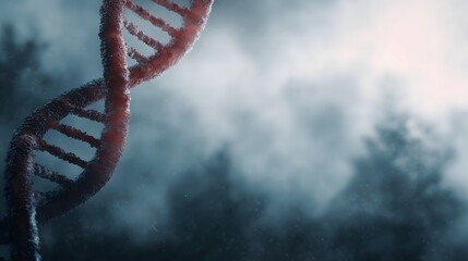 A detailed 3D render of a red DNA double helix emerging from atmospheric mist representing genetic science