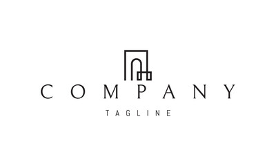 A vector logo featuring an abstract image: a building with an arched entrance in a minimal geometric style.