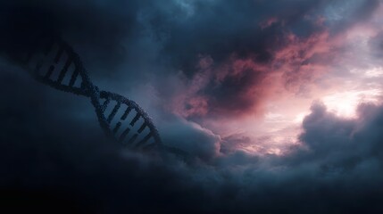 A stylized DNA double helix emerges from dramatic colorful clouds at dawn