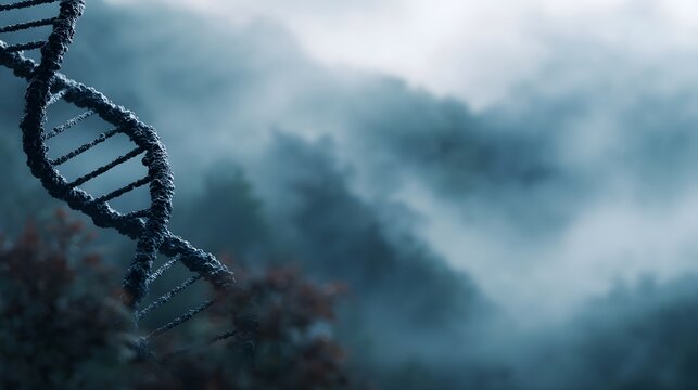A DNA double helix structure emerges from a misty atmospheric mountain landscape symbolizing science and nature - Powered by Adobe