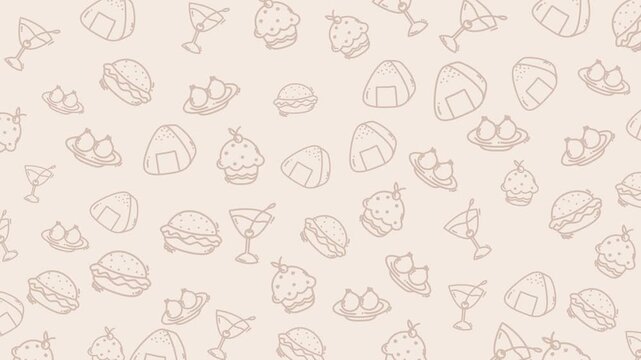 Food pattern featuring burgers, cupcakes, drinks, figs, and onigiri perfect for food themed designs menus, wallpapers, packaging, and more