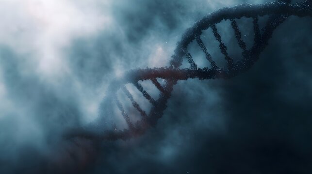 A detailed scientific illust n of a DNA double helix intertwined with atmospheric mist representing life s fundamental code