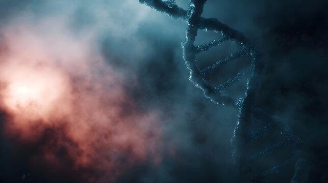 Abstract DNA helix structure emerging from colorful smoke and fog in a dark atmospheric science background