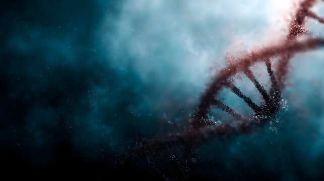 A fragmented DNA double helix dissolves into particles against a dark smoky blue background
