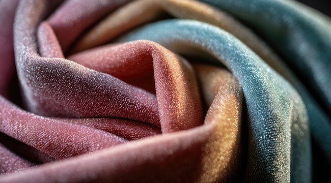 Close-up of a swirled velvet fabric, showcasing a gradient of rosy-peach, tan, and teal colors - Powered by Adobe