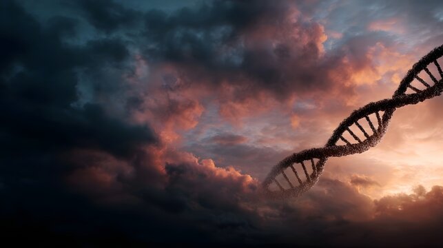 A detailed DNA double helix structure swirls through dramatic colorful clouds during a vibrant sunrise