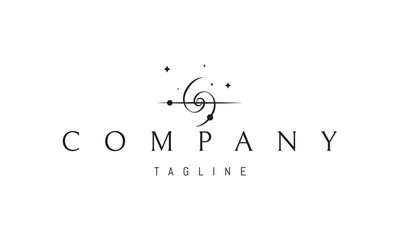 A vector logo featuring an abstract image a spiral galaxy with stars and planets orbiting around, symbolizing infinity and cosmic harmony.